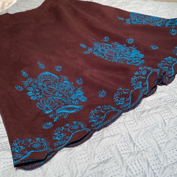 NY Collection Scalloped hem embroidered a-line flare skirt brown turquoise PM - Picture 9 of 11